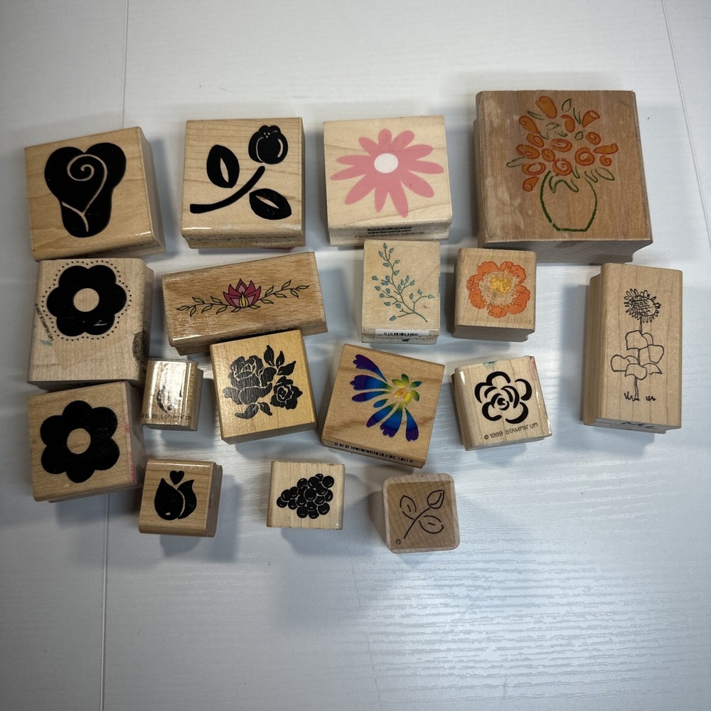 Wooden Rubber Stamps - Lot of‎ 17 - Flowers - Mixed Brands